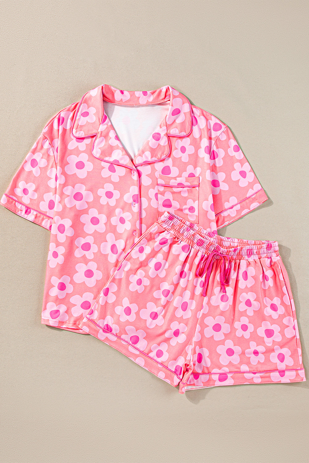 Pink 60s Flower Print Buttoned Shirt and Drawstring Waist Pajama Set - MAD RUFFI