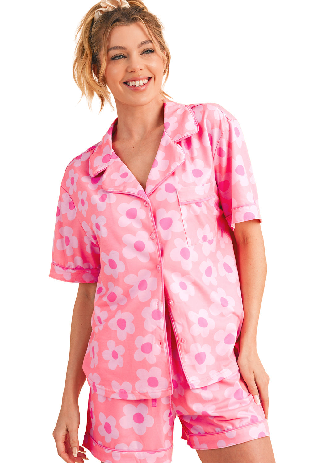 Pink 60s Flower Print Buttoned Shirt and Drawstring Waist Pajama Set - MAD RUFFI