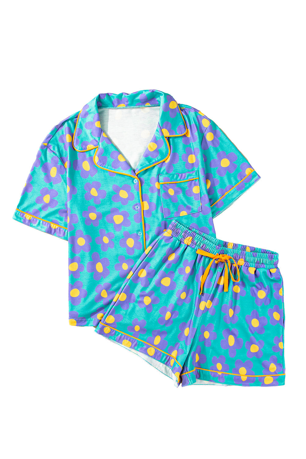 Pink 60s Flower Print Buttoned Shirt and Drawstring Waist Pajama Set - MAD RUFFI