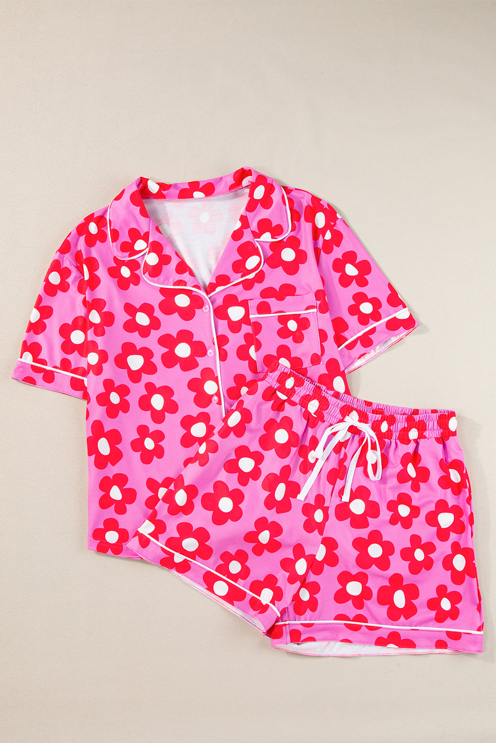 Pink 60s Flower Print Buttoned Shirt and Drawstring Waist Pajama Set - MAD RUFFI