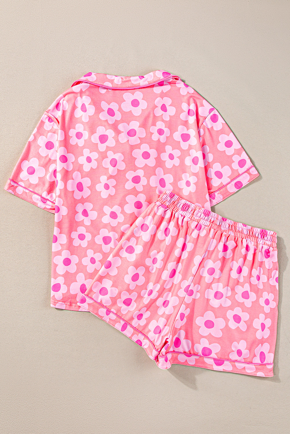 Pink 60s Flower Print Buttoned Shirt and Drawstring Waist Pajama Set - MAD RUFFI