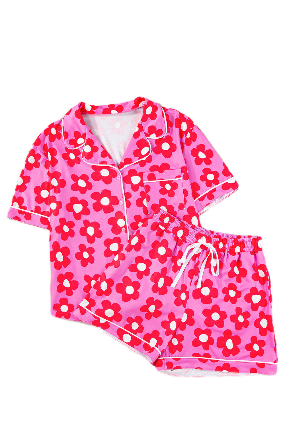 Pink 60s Flower Print Buttoned Shirt and Drawstring Waist Pajama Set - MAD RUFFI