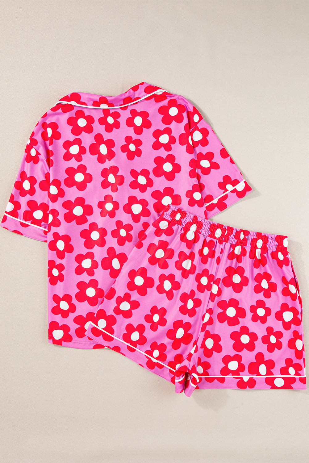 Pink 60s Flower Print Buttoned Shirt and Drawstring Waist Pajama Set - MAD RUFFI