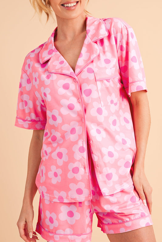 Pink 60s Flower Print Buttoned Shirt and Drawstring Waist Pajama Set - MAD RUFFI