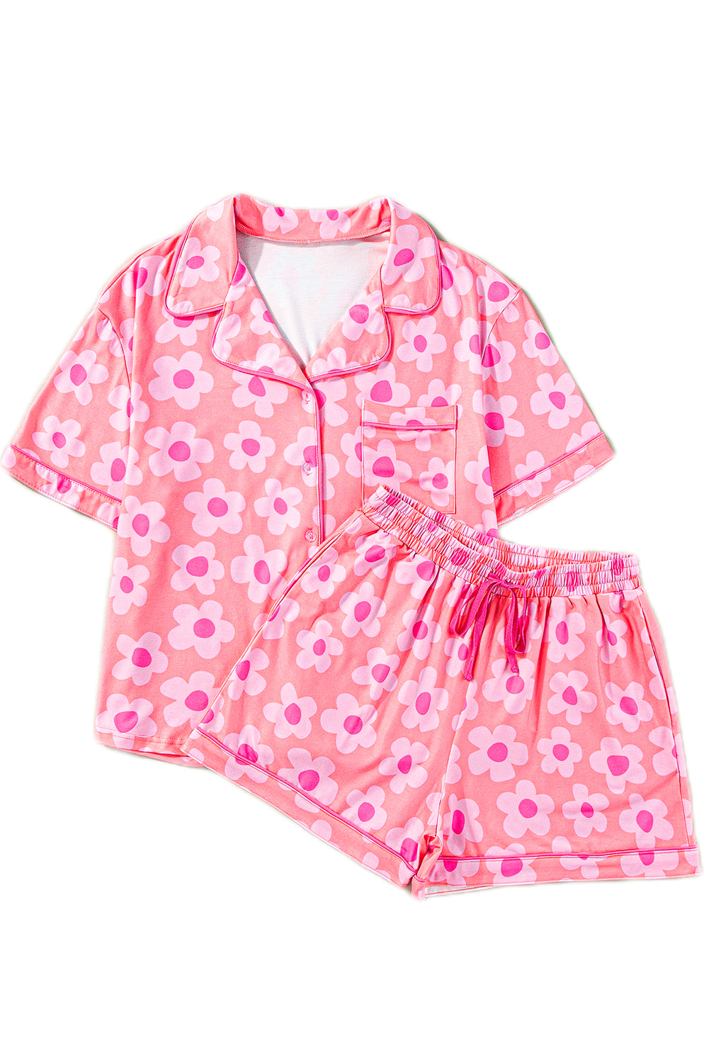 Pink 60s Flower Print Buttoned Shirt and Drawstring Waist Pajama Set - MAD RUFFI