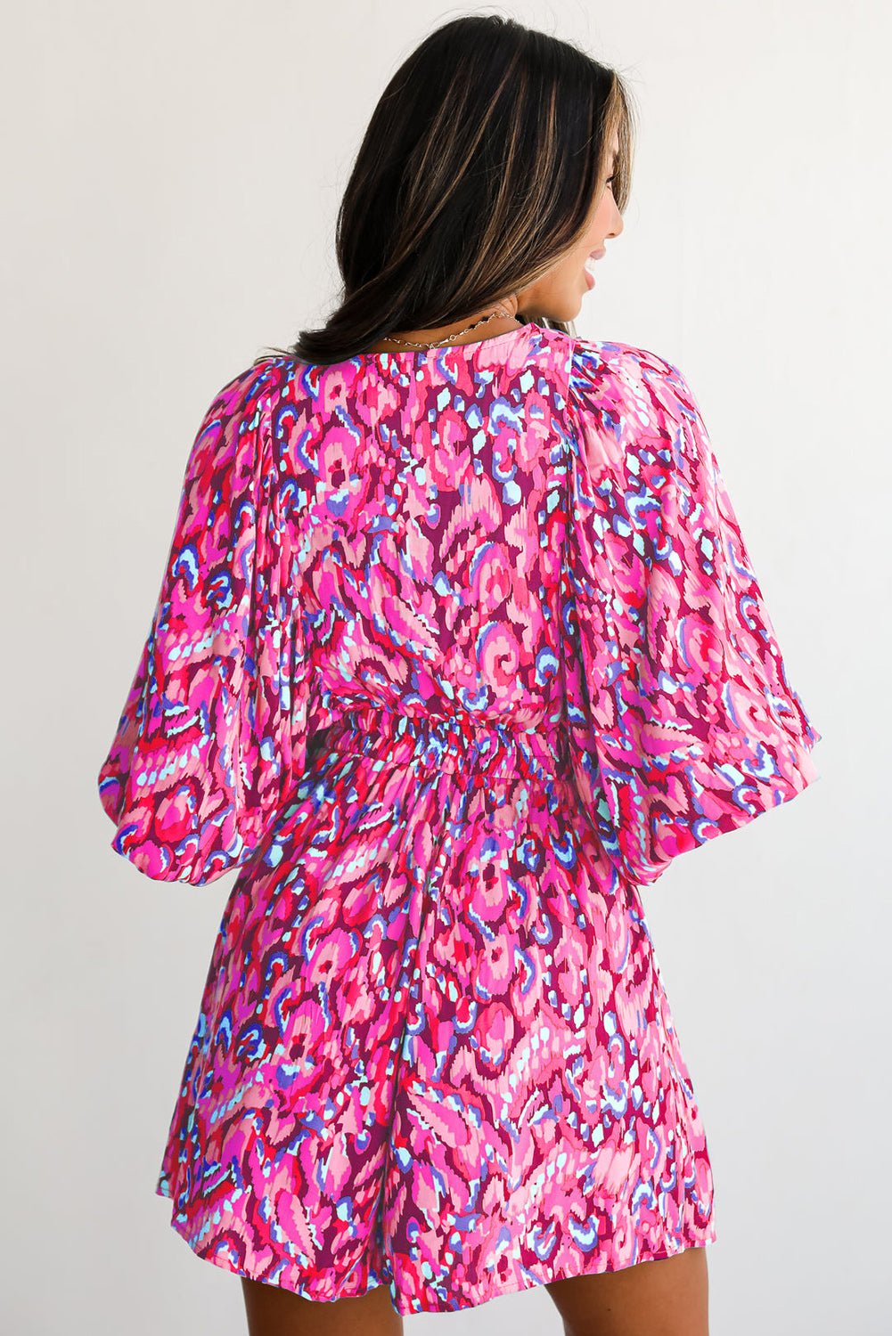 Pink Abstract Print Dolman Sleeve V Neck High Waist Romper - MAD RUFFI