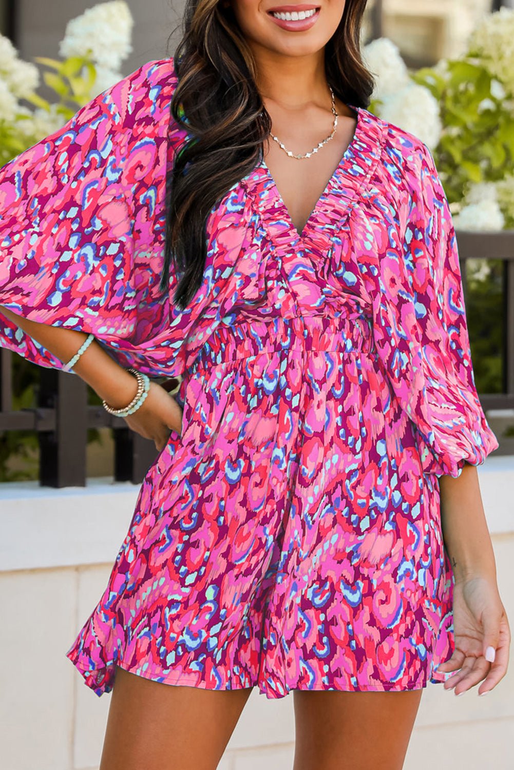 Pink Abstract Print Dolman Sleeve V Neck High Waist Romper - MAD RUFFI