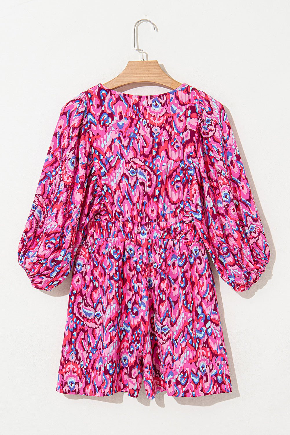 Pink Abstract Print Dolman Sleeve V Neck High Waist Romper - MAD RUFFI
