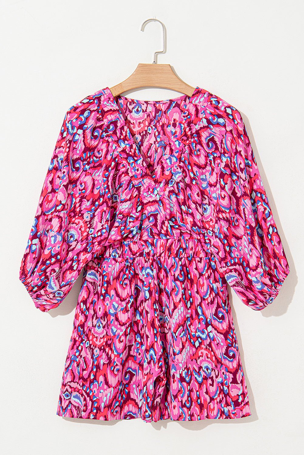 Pink Abstract Print Dolman Sleeve V Neck High Waist Romper - MAD RUFFI