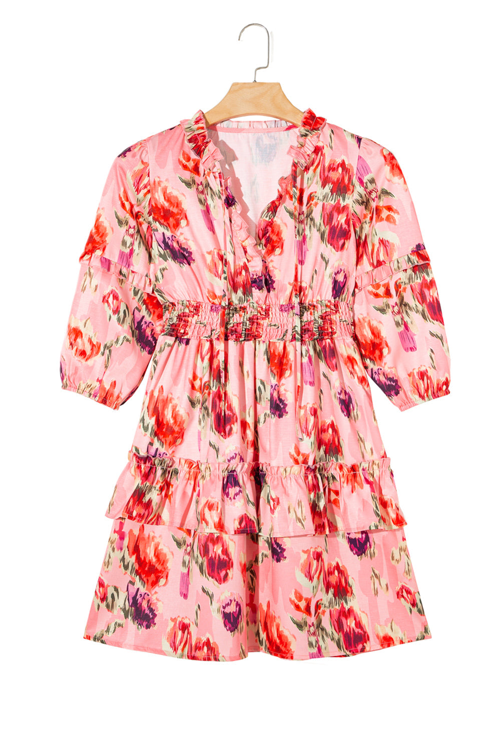 Pink Abstract Print Frilled Smocked High Waist Mini Dress - MAD RUFFI