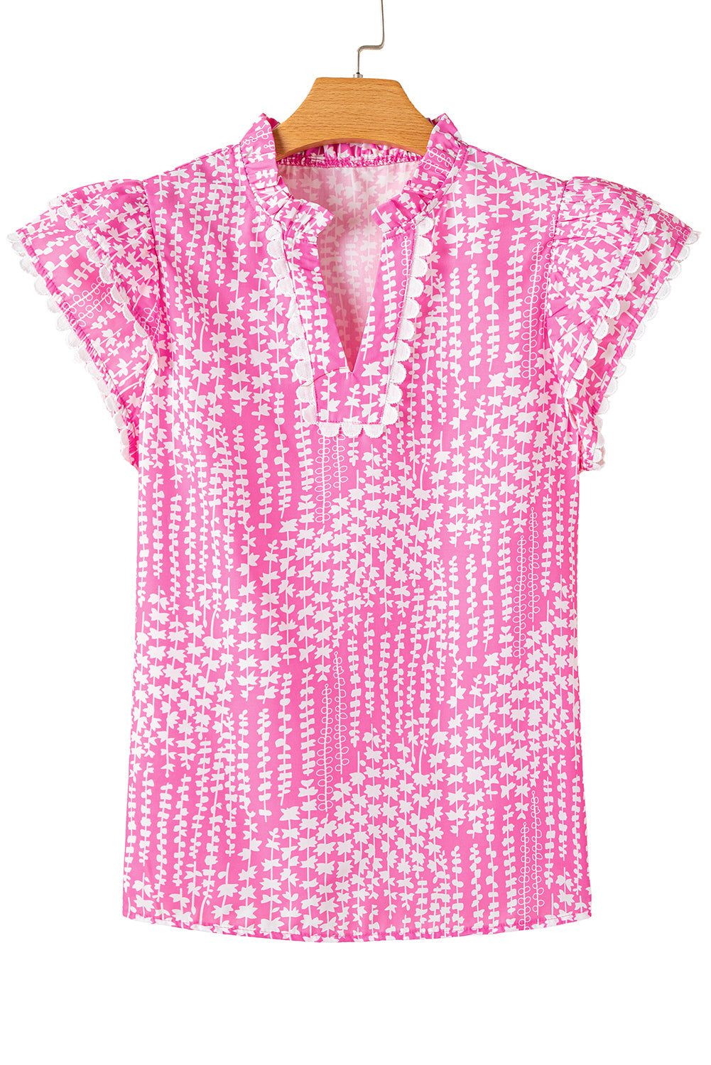 Pink Abstract Print Ric Rac Trim Flutter Sleeve Notch V Neck Blouse - MAD RUFFI