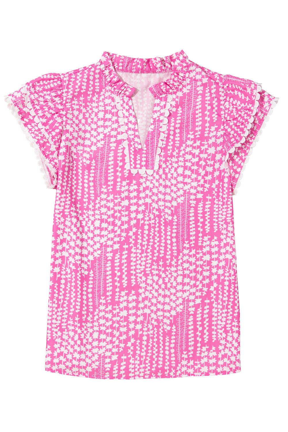 Pink Abstract Print Ric Rac Trim Flutter Sleeve Notch V Neck Blouse - MAD RUFFI