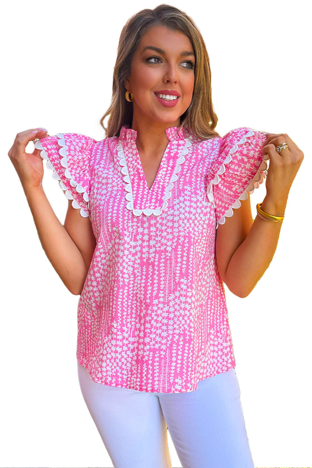 Pink Abstract Print Ric Rac Trim Flutter Sleeve Notch V Neck Blouse - MAD RUFFI