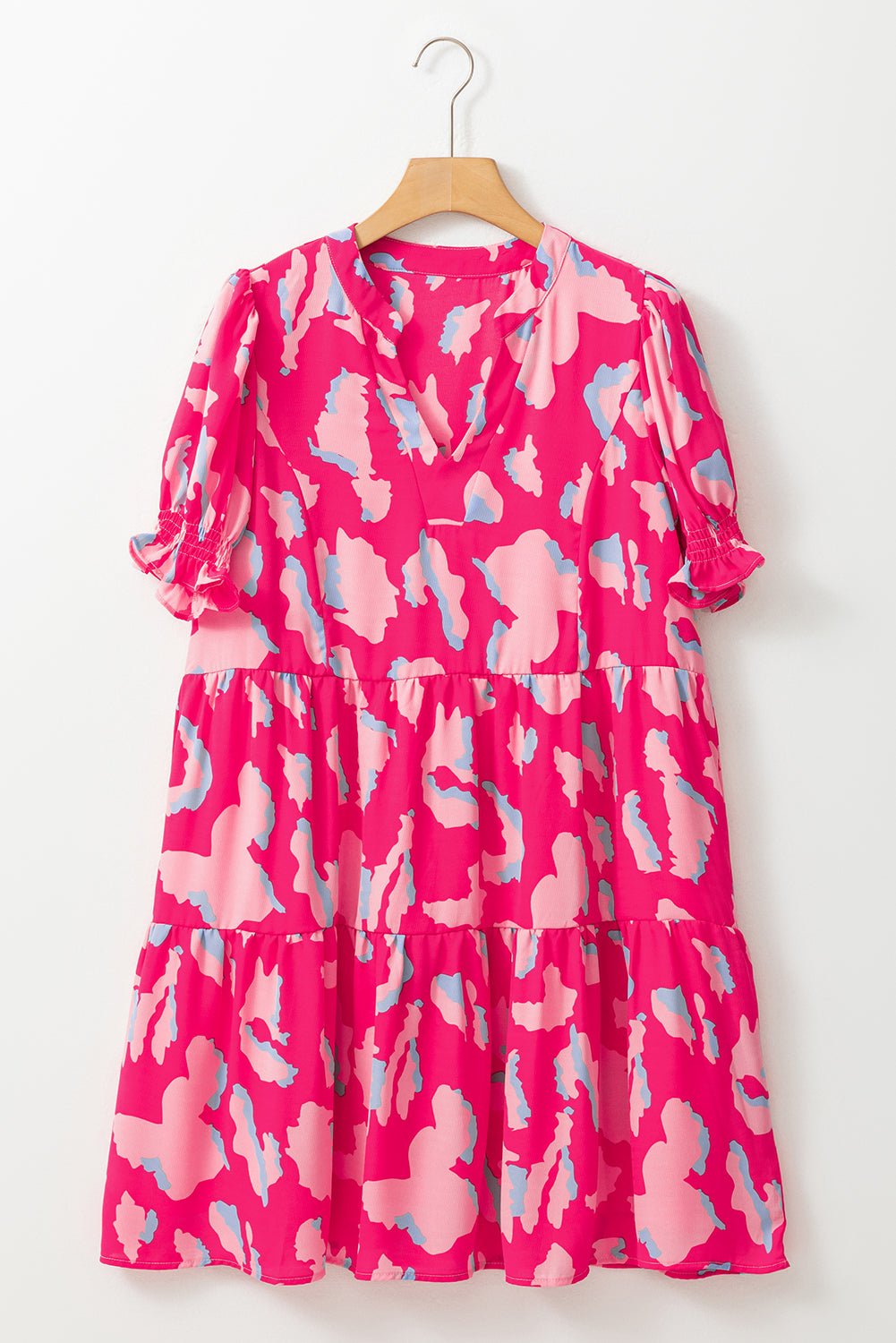 Pink Abstract Print V Neck Smocked Sleeve Mini Dress - MAD RUFFI
