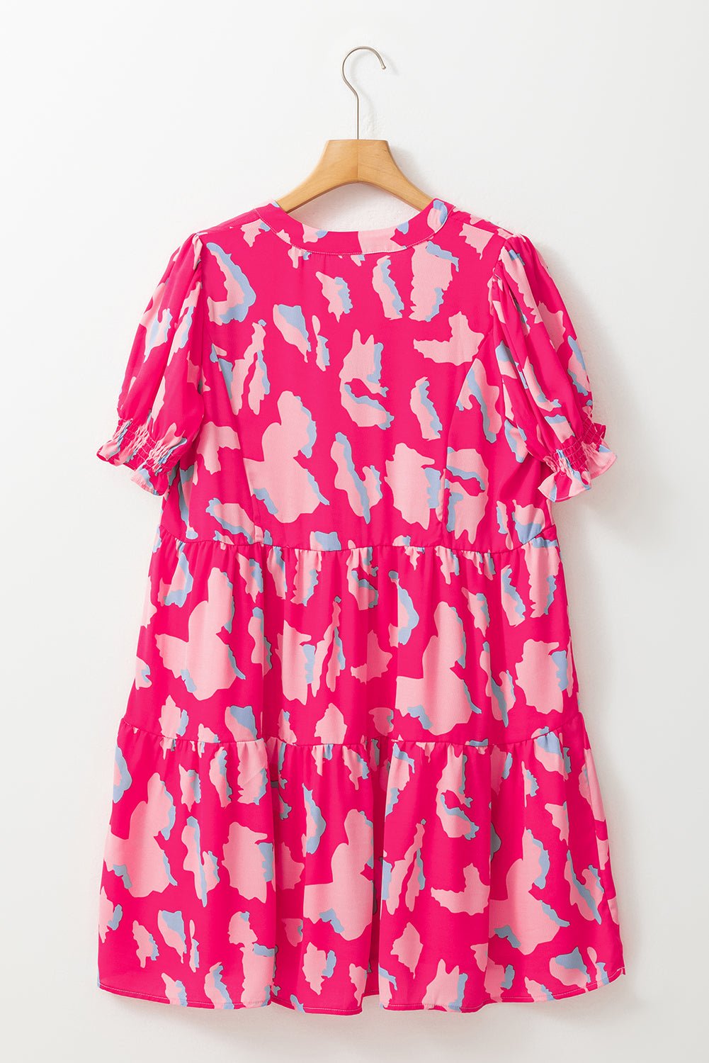 Pink Abstract Print V Neck Smocked Sleeve Mini Dress - MAD RUFFI