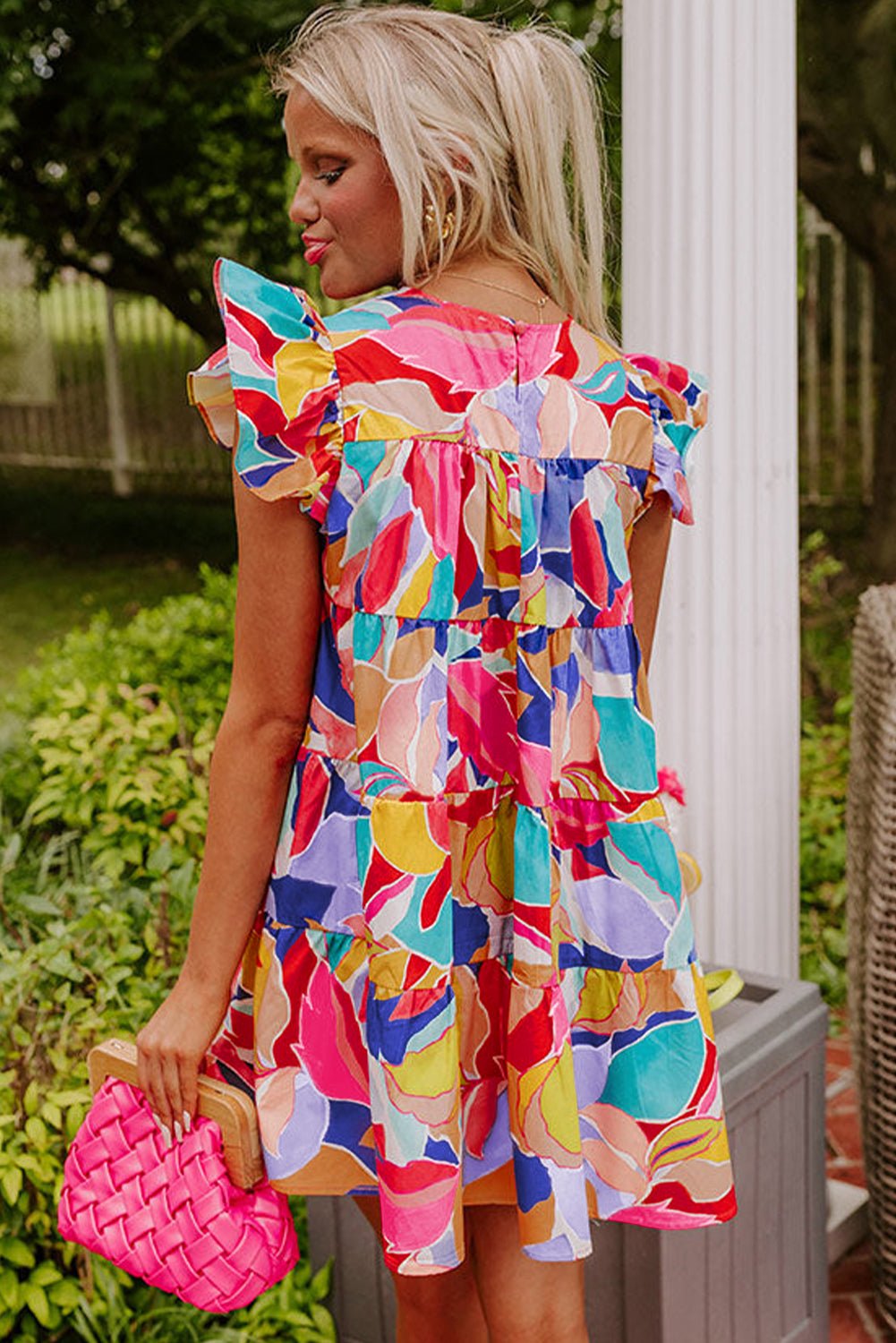 Pink Abstract Printed Flutter Sleeve Tiered Mini Dress - MAD RUFFI