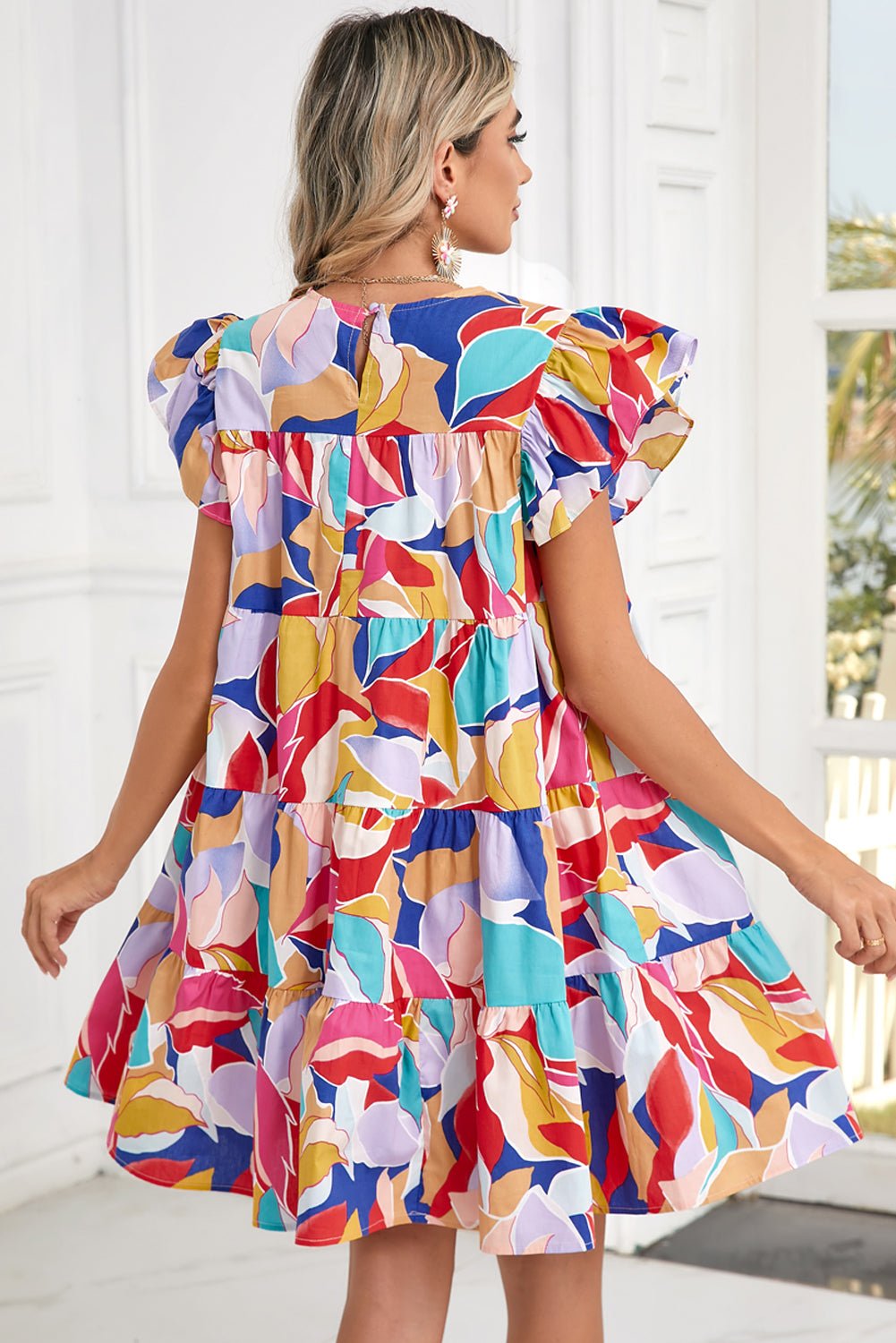 Pink Abstract Printed Flutter Sleeve Tiered Mini Dress - MAD RUFFI