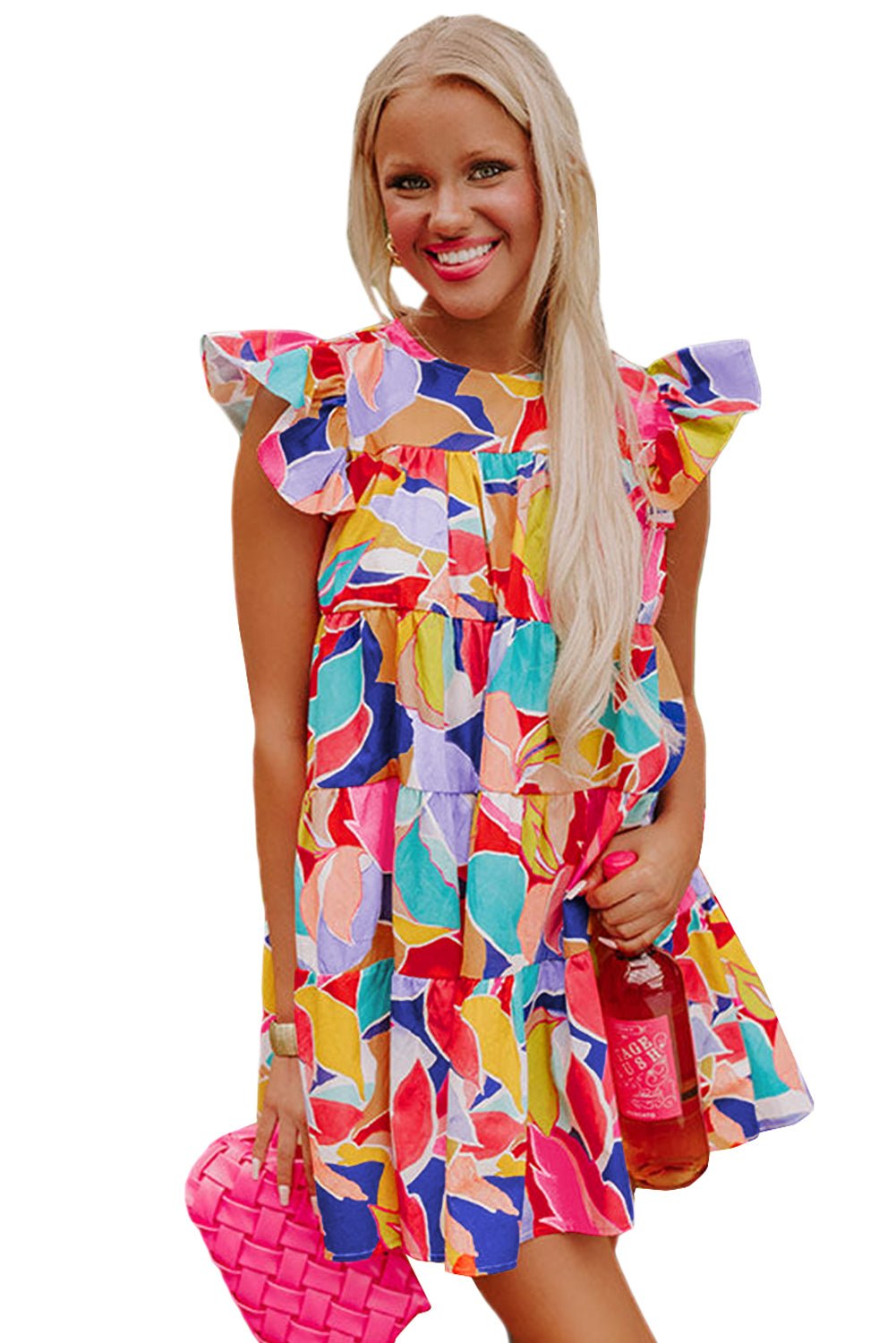 Pink Abstract Printed Flutter Sleeve Tiered Mini Dress - MAD RUFFI