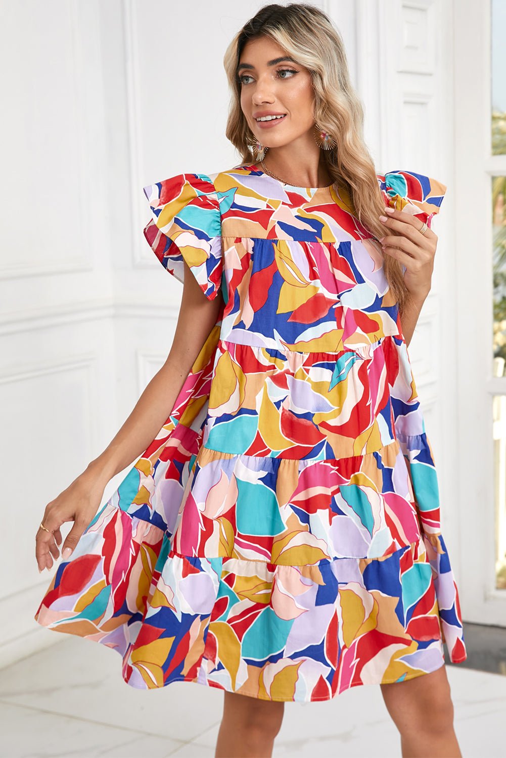 Pink Abstract Printed Flutter Sleeve Tiered Mini Dress - MAD RUFFI