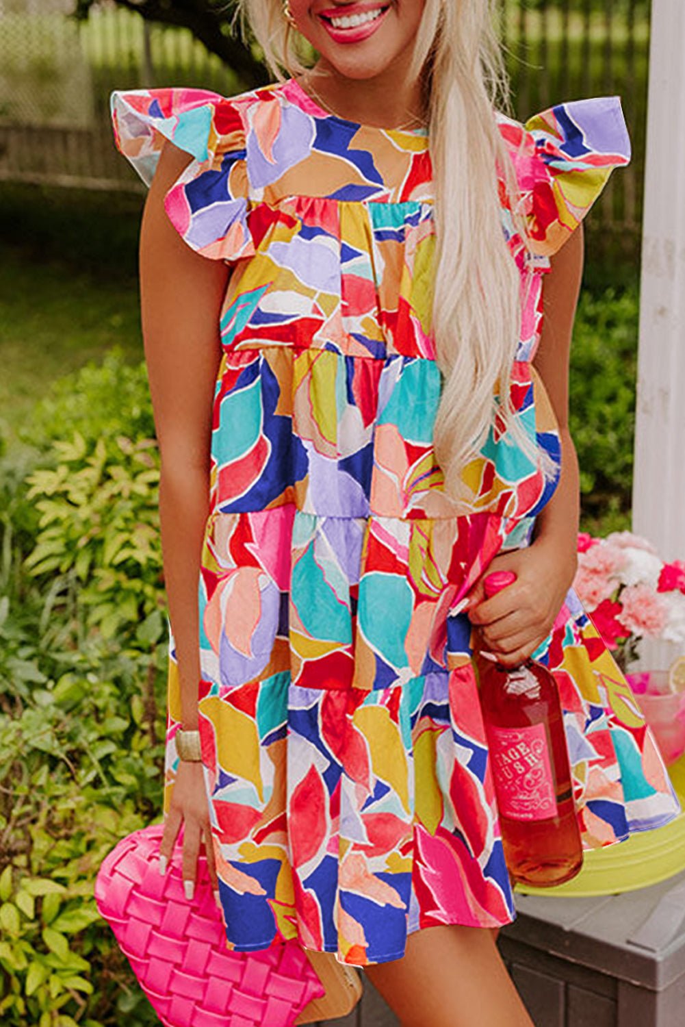 Pink Abstract Printed Flutter Sleeve Tiered Mini Dress - MAD RUFFI