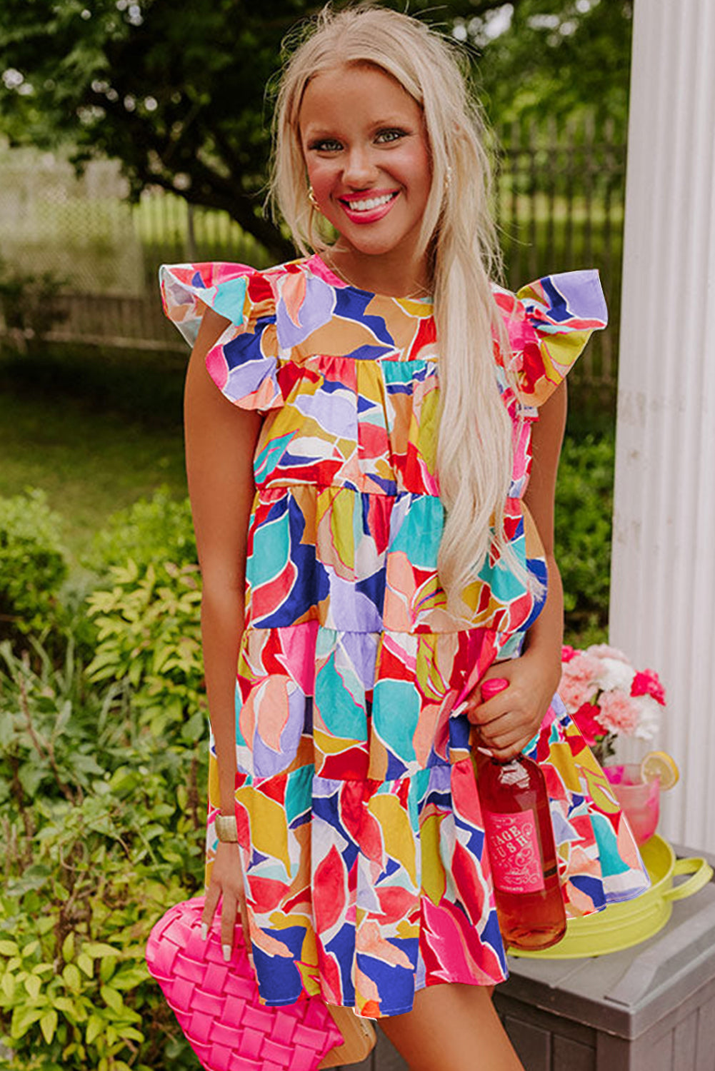 Pink Abstract Printed Flutter Sleeve Tiered Mini Dress - Short Dresses