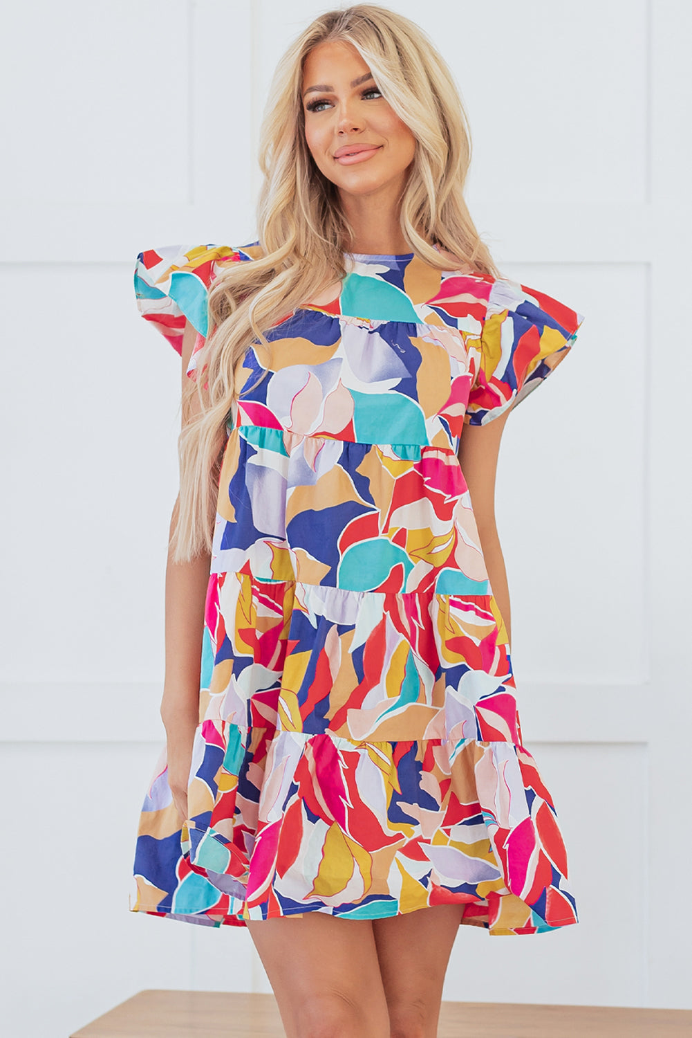 Pink Abstract Printed Flutter Sleeve Tiered Mini Dress - Short Dresses