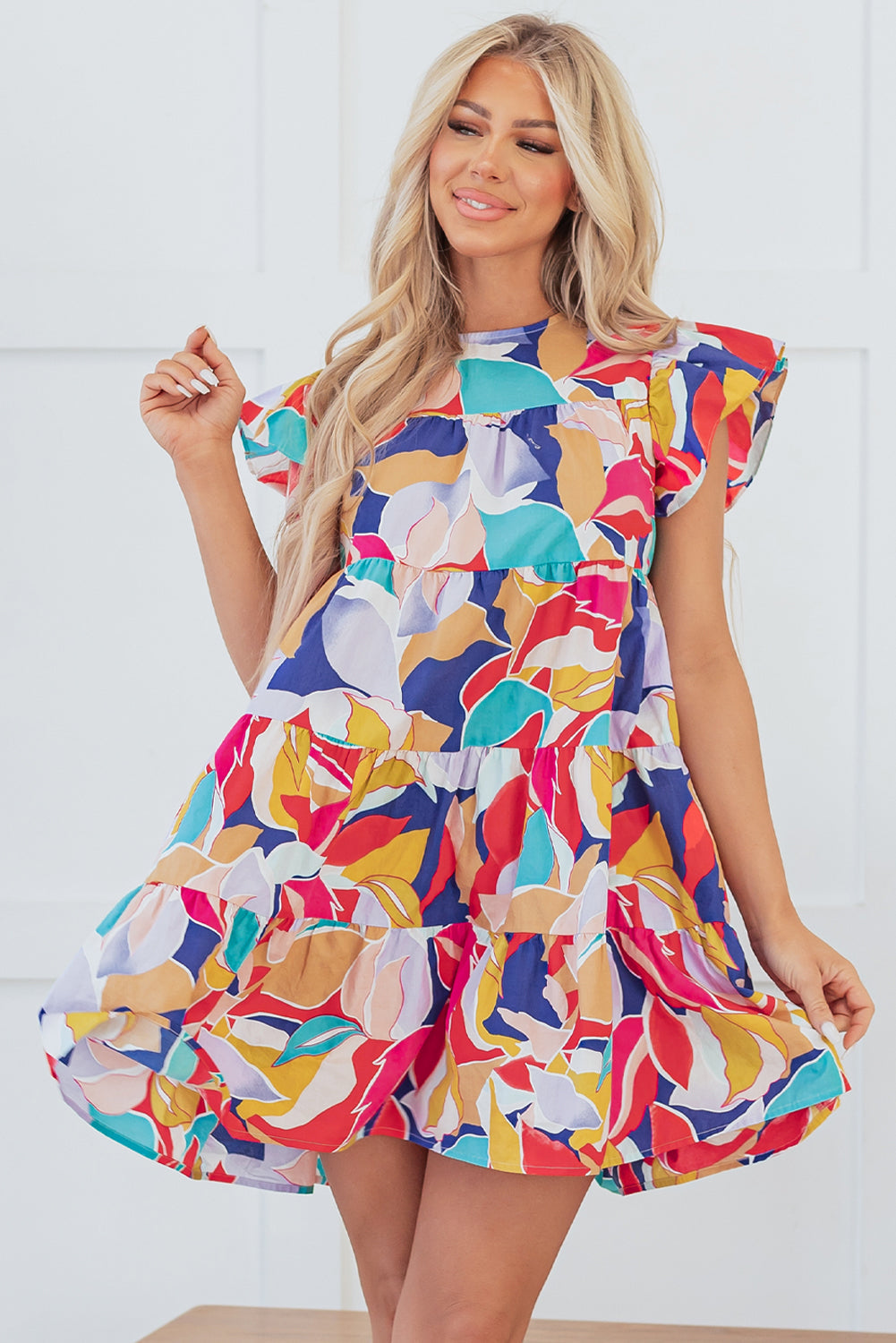 Pink Abstract Printed Flutter Sleeve Tiered Mini Dress - Short Dresses