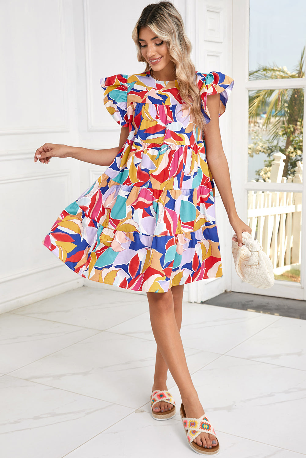 Pink Abstract Printed Flutter Sleeve Tiered Mini Dress - Short Dresses