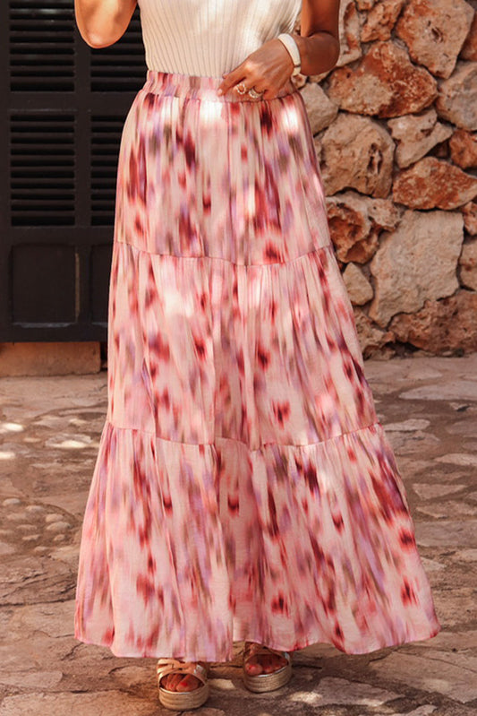 Pink Abstract Watercolor Tie Dye Tiered Maxi Skirt - MAD RUFFI