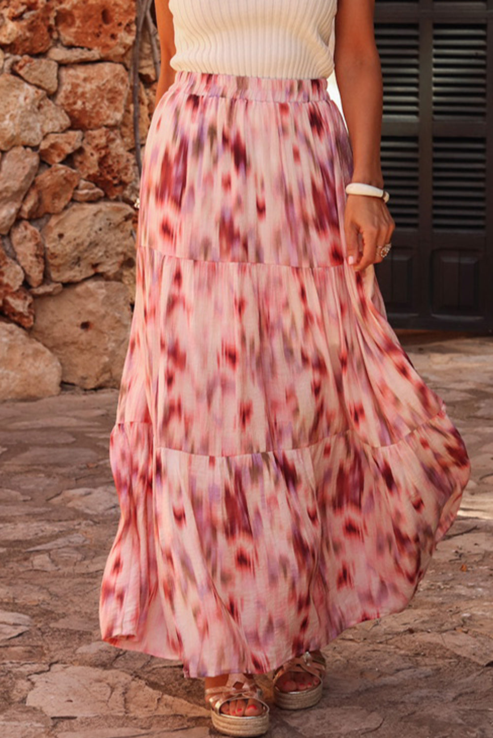 Pink Abstract Watercolor Tie Dye Tiered Maxi Skirt - MAD RUFFI