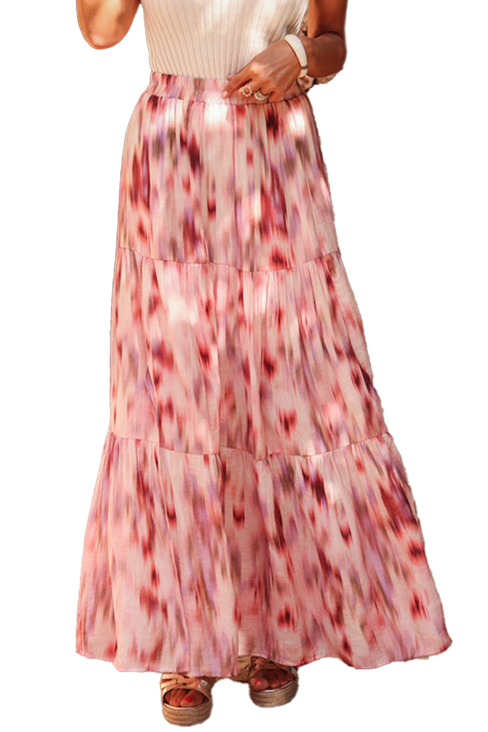 Pink Abstract Watercolor Tie Dye Tiered Maxi Skirt - MAD RUFFI