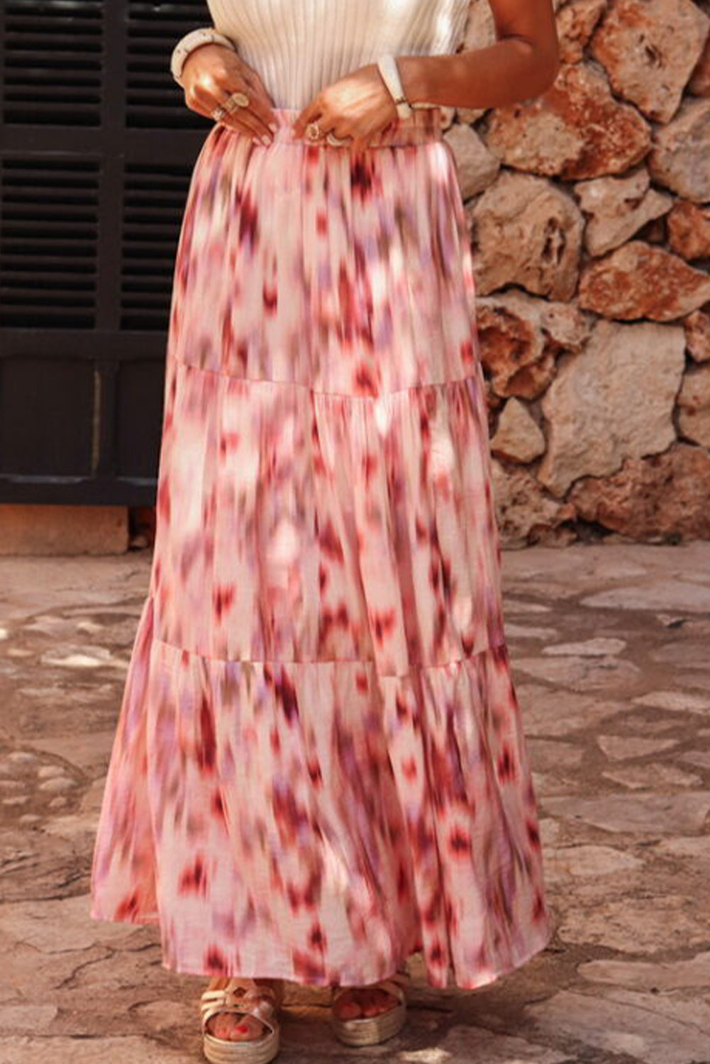 Pink Abstract Watercolor Tie Dye Tiered Maxi Skirt - MAD RUFFI