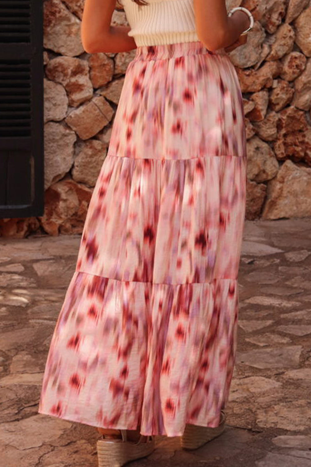 Pink Abstract Watercolor Tie Dye Tiered Maxi Skirt - MAD RUFFI