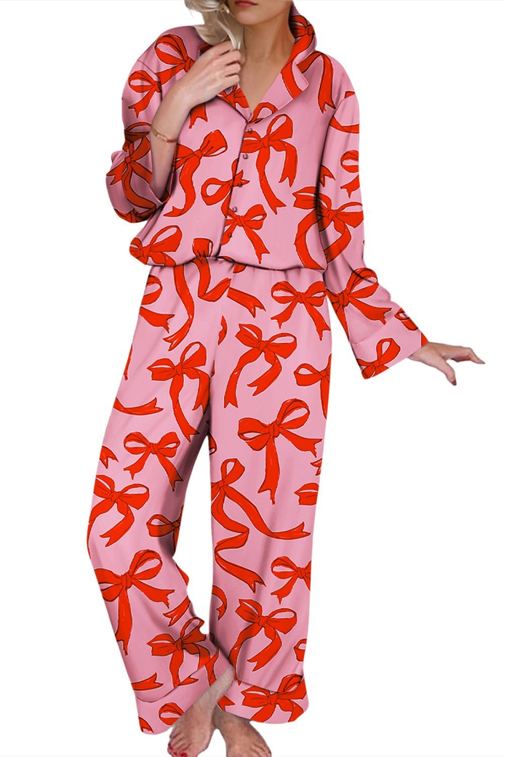 Pink Allover Bow Print Button Up and Loose Pants Pajama Set - MAD RUFFI
