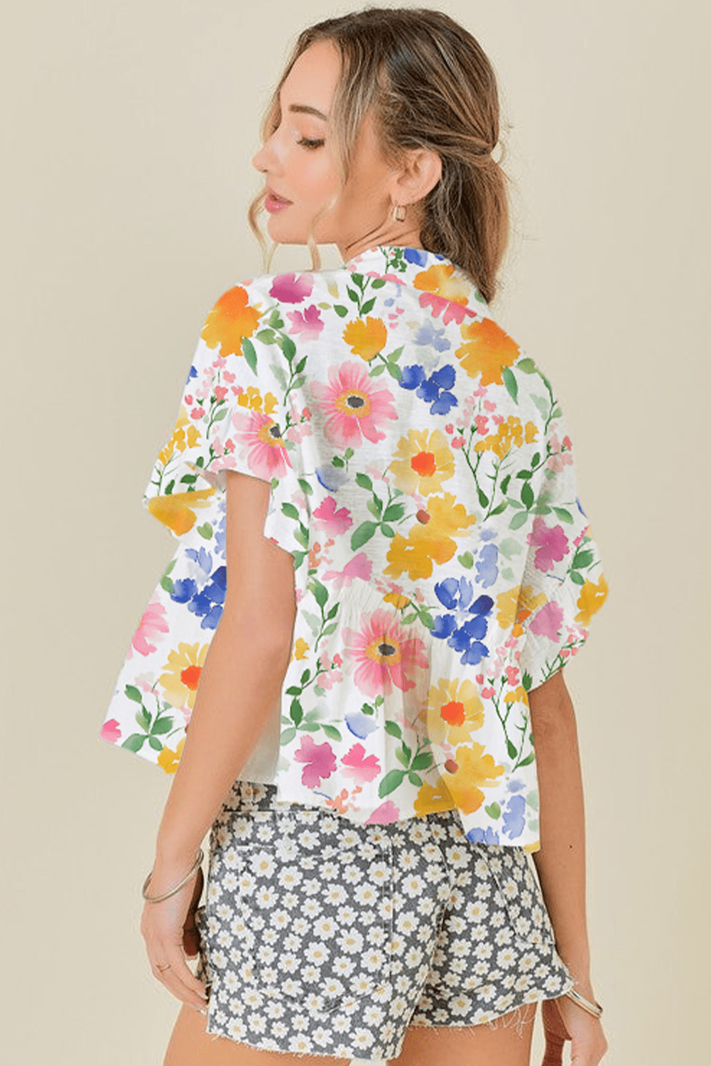 Pink Allover Floral Print Boxy Fit V Neck Blouse - MAD RUFFI