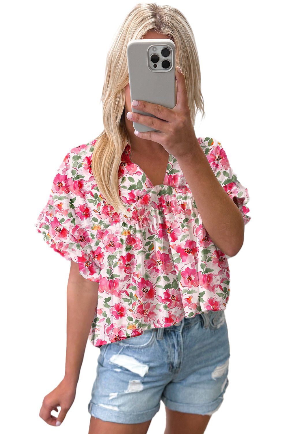 Pink Allover Floral Print Boxy Fit V Neck Blouse - MAD RUFFI