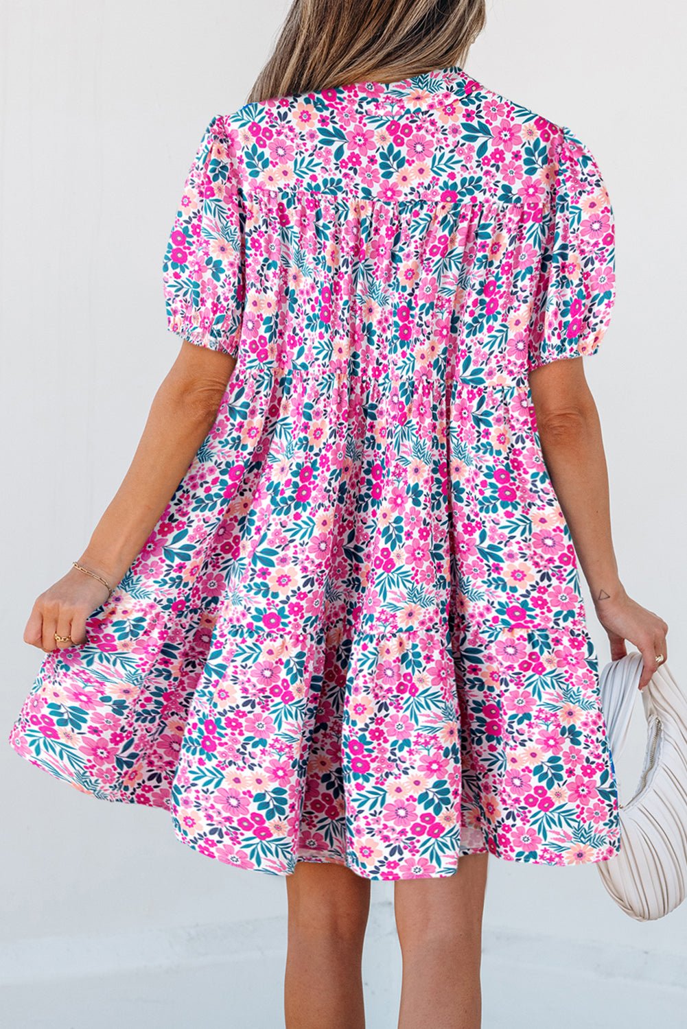 Pink Allover Floral Print Collar Half Button Short Sleeve Loose Dress - MAD RUFFI
