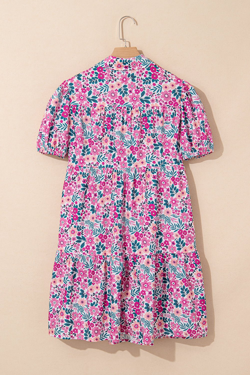Pink Allover Floral Print Collar Half Button Short Sleeve Loose Dress - MAD RUFFI