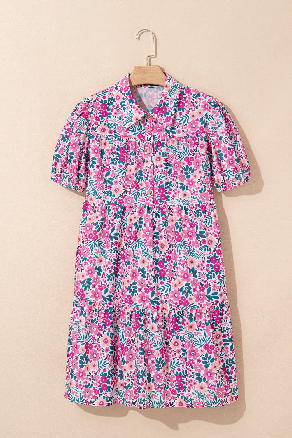 Pink Allover Floral Print Collar Half Button Short Sleeve Loose Dress - MAD RUFFI