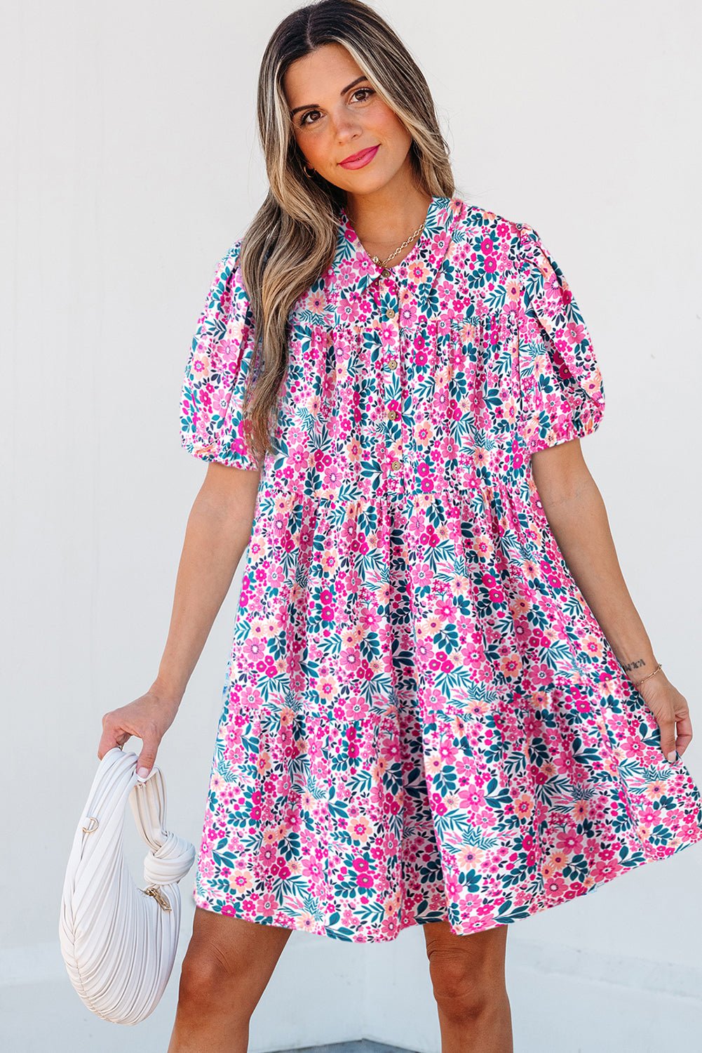 Pink Allover Floral Print Collar Half Button Short Sleeve Loose Dress - MAD RUFFI