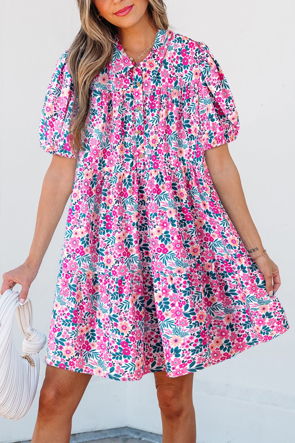 Pink Allover Floral Print Collar Half Button Short Sleeve Loose Dress - MAD RUFFI