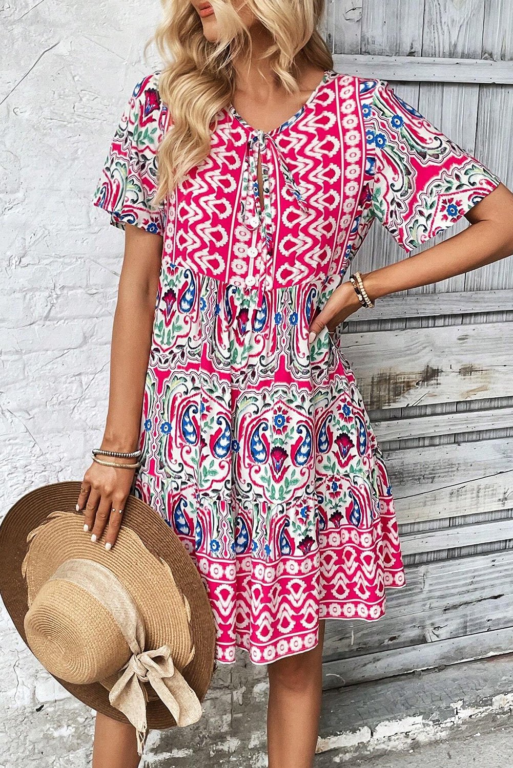 Pink Bohemian Tie Neck Flounce Sleeve Ruffle Hem Mini Dress - MAD RUFFI