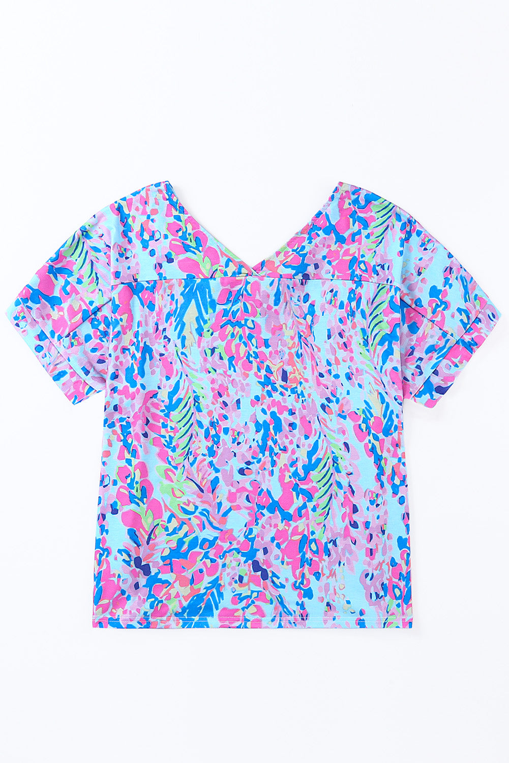 Pink Boho Abstract Floral Print V Neck T Shirt - MAD RUFFI