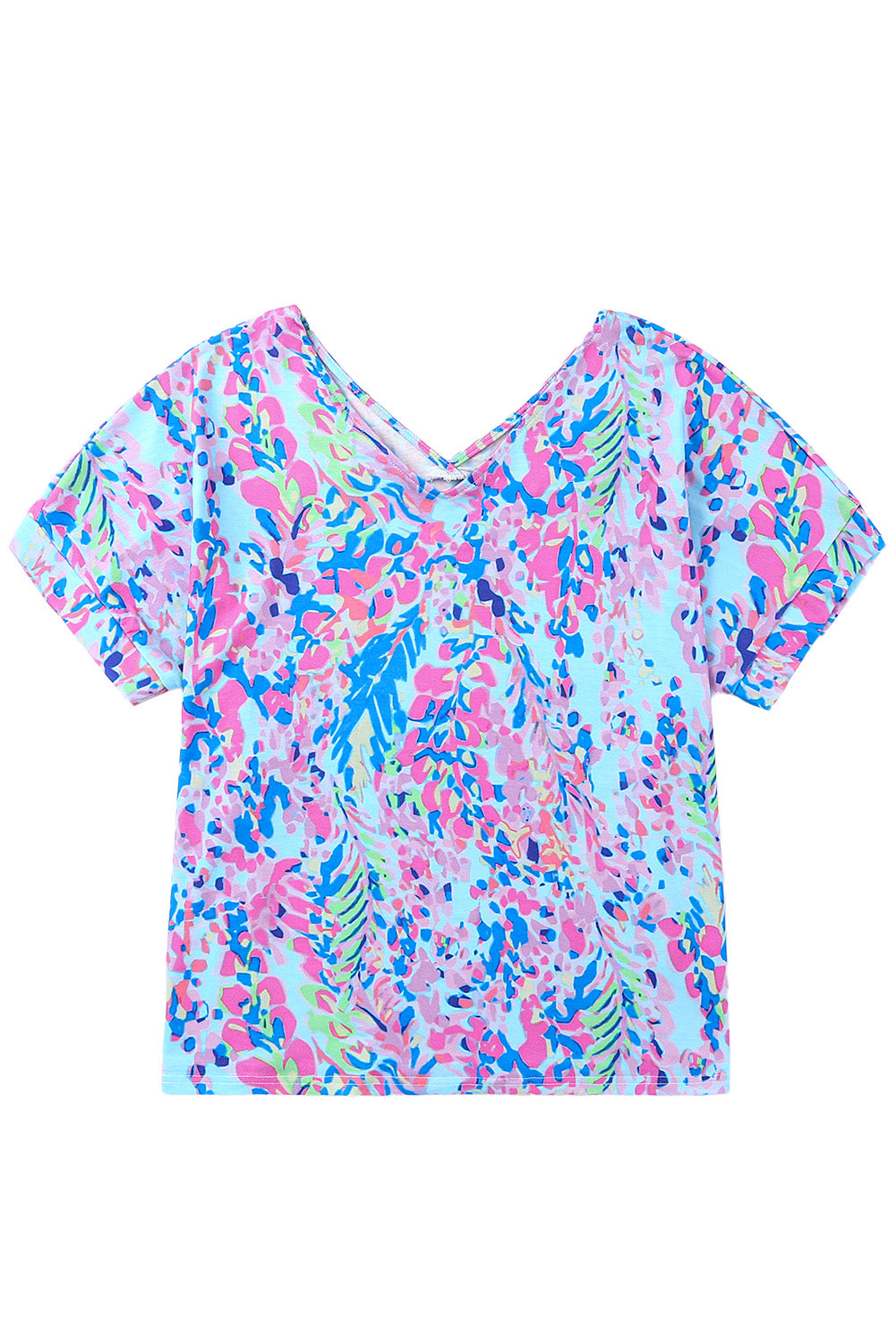 Pink Boho Abstract Floral Print V Neck T Shirt - MAD RUFFI