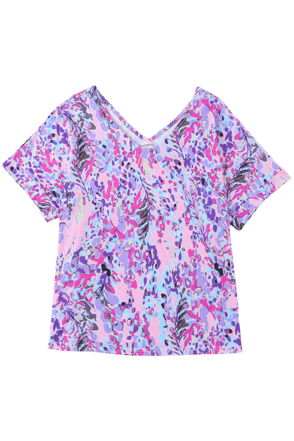 Pink Boho Abstract Floral Print V Neck T Shirt - MAD RUFFI