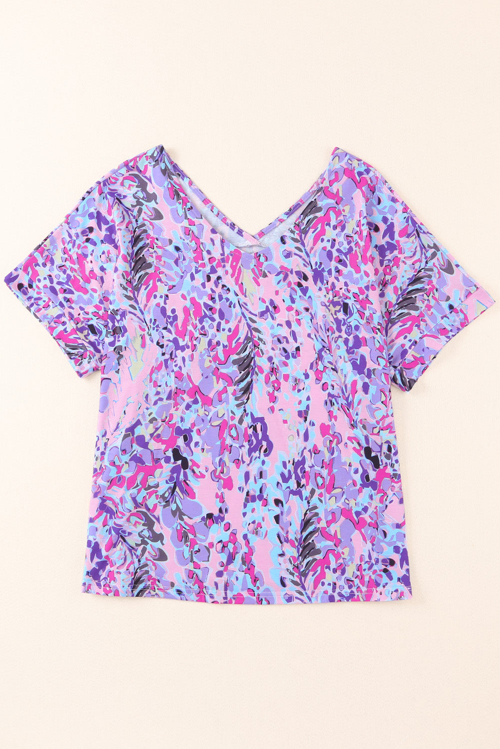 Pink Boho Abstract Floral Print V Neck T Shirt - MAD RUFFI