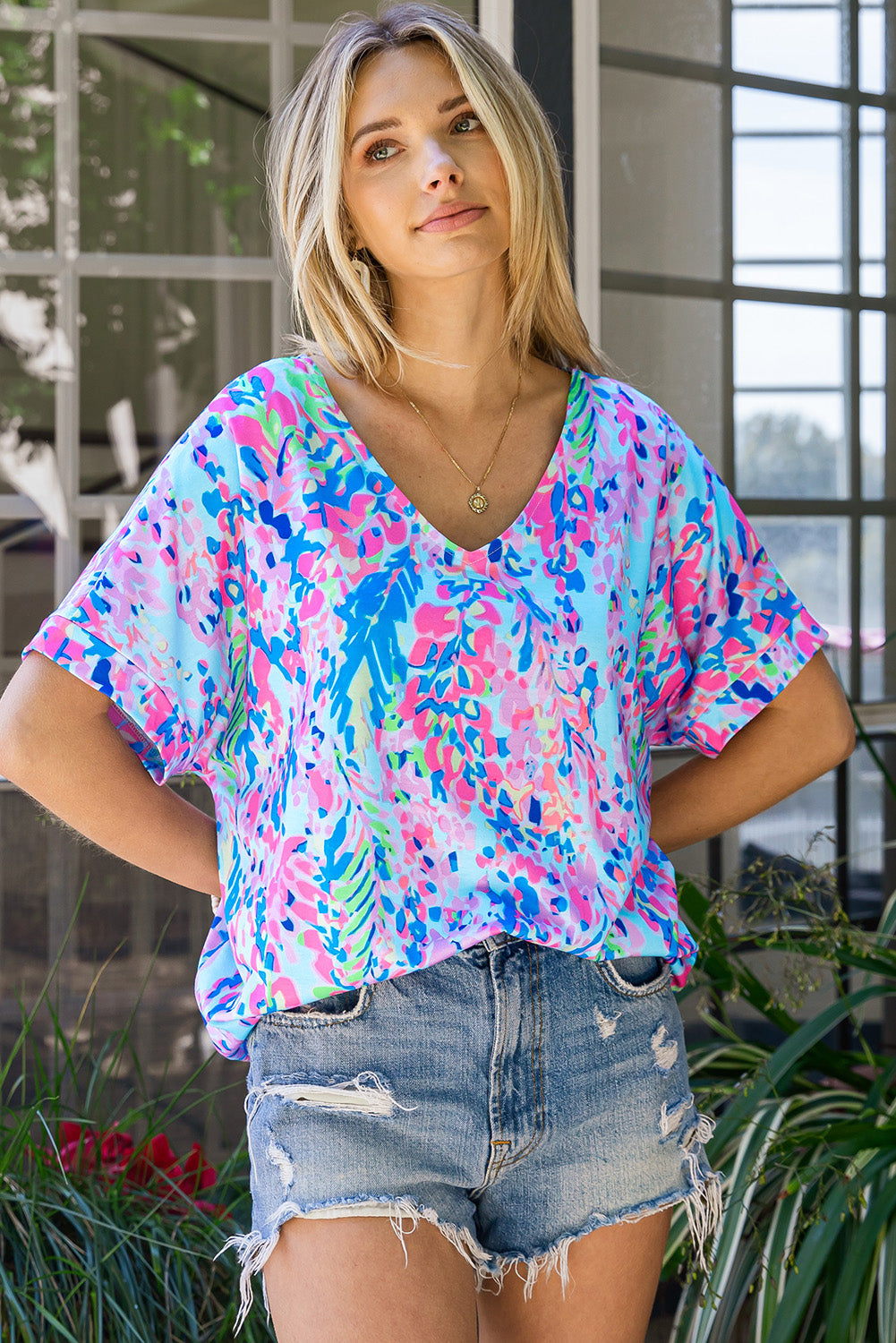 Pink Boho Abstract Floral Print V Neck T Shirt - MAD RUFFI