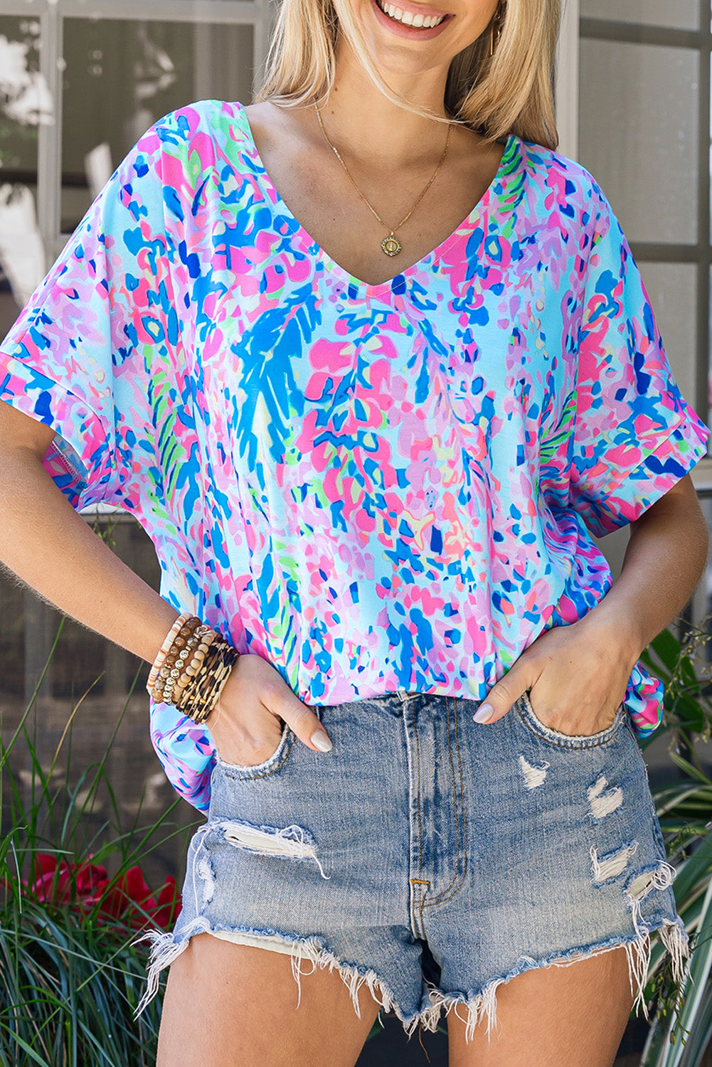 Pink Boho Abstract Floral Print V Neck T Shirt - MAD RUFFI