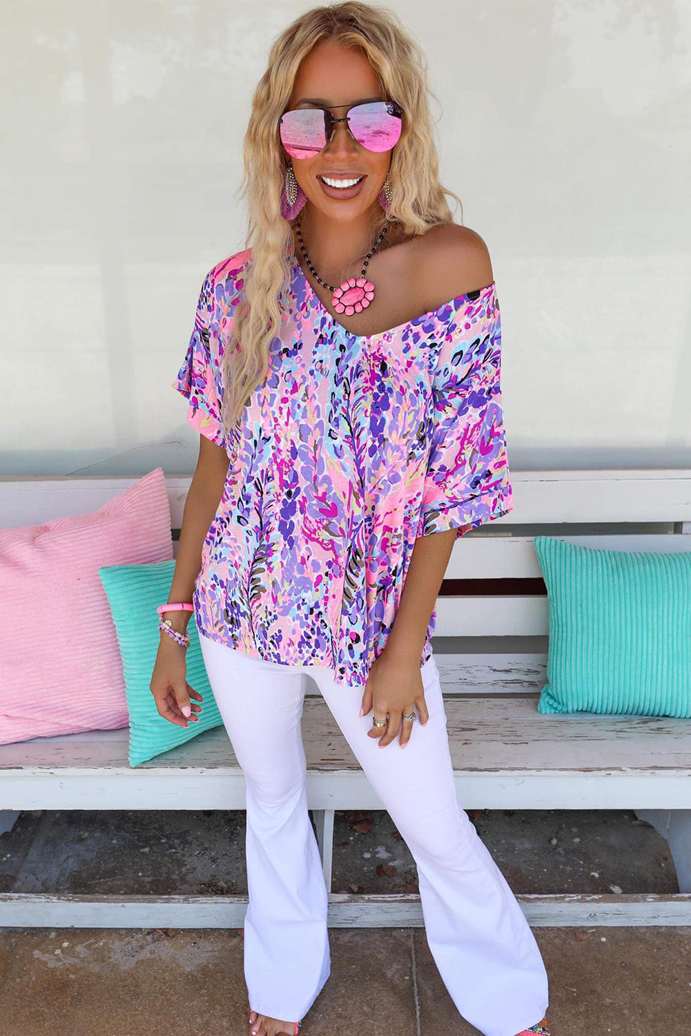 Pink Boho Abstract Floral Print V Neck T Shirt - MAD RUFFI