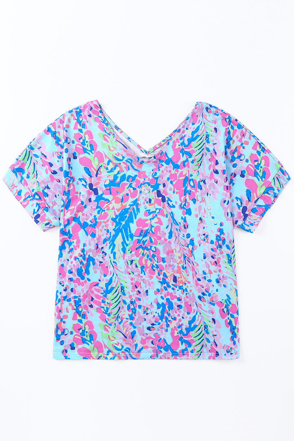 Pink Boho Abstract Floral Print V Neck T Shirt - MAD RUFFI